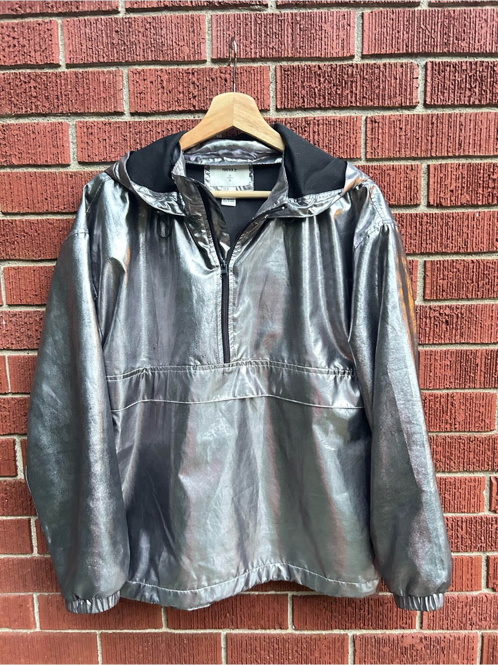 Forever 21 Metallic Silver Hooded Anorak Windbreaker Jacket M